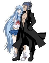  2boys blue_hair cancer_manigoldo highres lost_canvas multiple_boys pisces_albafica saint_seiya schoolgirl trap 