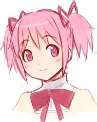  blush bow female ha-ru hair_ribbon kaname_madoka mahou_shoujo_madoka_magica mahou_shoujo_madoka_magica_(anime) mitakihara_school_uniform photoshop_(medium) pink_eyes pink_hair portrait ribbon school_uniform solo twintails 