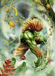  angry anklet banana blanka blue_eyes capcom chains chest_hair food fruit grapes green_skin highres jaguar jewelry jungle loris male male_focus mango muscle nature official_art orange_hair plant plants shorts snake street_fighter street_fighter_x_tekken tomato tree 