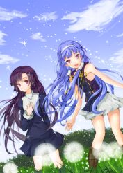  2girls amayofuu bare_shoulders blue_hair blunt_bangs blush boots cloud commentary_request cross dandelion day flat_chest flower hair_ornament hair_tubes hairband kannagi long_hair multiple_girls nagi_(kannagi) open_mouth pleated_skirt purple_eyes purple_hair siblings sisters skirt sky smile twins white_skirt zange 