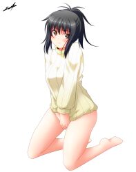  bad_id bad_link bad_nicoseiga_id bare_legs barefoot black_eyes black_hair blush brown_eyes clothes_tug covering_crotch covering_privates female highres kneeling legs looking_at_viewer naked_sweater original ponytail ribbed_sweater signature simple_background solo sweater sweater_tug white_background yua_(checkmate) 