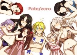  6+girls alternate_costume artoria_pendragon_(fate) bad_id bad_pixiv_id bikini blonde_hair bra brown_hair commentary_request copyright_name dress fate/zero fate_(series) green_hair hisau_maiya illyasviel_von_einzbern irisviel_von_einzbern light_green_hair lingerie long_hair matou_sakura mother_and_daughter multiple_girls nozawa_yukiko panties purple_hair red_hair saber_(fate) short_hair sola-ui_nuada-re_sophia-ri swimsuit tohsaka_aoi tohsaka_rin underwear underwear_only white_hair 