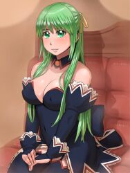  angel_mort bare_shoulders blue_thighhighs bow breasts bridal_gauntlets cleavage commentary_request couch covered_navel covered_nipples detached_collar dress female garter_straps green_eyes green_hair hair_ribbon half_updo higurashi_no_naku_koro_ni indoors lace lace-trimmed_dress lace_trim large_breasts long_hair looking_at_viewer one_side_up own_hands_together parted_lips ponytail ribbon shadow short_dress sidelocks sitting smile solo sonozaki_shion thighhighs waitress zenkou zettai_ryouiki 