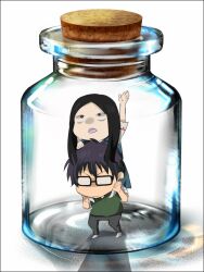  1boy arm_up bad_id bad_pixiv_id black_hair carrying chibi female glasses koyori_(samon_xoxo) long_hair meme open_mouth photoshop_(medium) pixiv_bottle_(meme) purple_hair school_uniform short_hair shoulder_carry sket_dance usui_kazuyoshi yuuki_reiko 