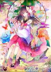  bow brown_hair bug butterfly commentary_request detached_sleeves female fish flower fox_mask hair_tubes hairbow hakurei_reimu kazu_(muchuukai) long_hair mask open_mouth partial_commentary solo tabi touhou 