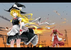  2girls apron artistic_error bad_id bad_pixiv_id bangle bare_shoulders blonde_hair bow bracelet brown_hair cityscape cloud contemporary detached_sleeves dress frills from_behind frown glint gohei green_eyes hairbow hakurei_reimu hat hidaka_kouyou high_collar highres holding jewelry kirisame_marisa letterboxed light_particles long_hair long_sleeves looking_away mini-hakkero multiple_girls outdoors ponytail power_lines puffy_sleeves ribbon shirt short_sleeves skirt sky standing touhou twilight utility_pole vest wide_sleeves wind wind_lift witch_hat wrist_ribbon yellow_eyes yin_yang 