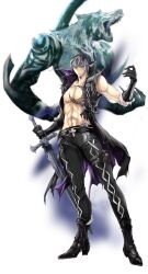  1boy abs blue_eyes boots coco_(eccentricrouge) commentary_request demon full_body gloves grey_hair male_focus pants pectorals photoshop_(medium) soulcalibur soulcalibur_v sword tattoo topless_male vest weapon wolf zwei_(soulcalibur) 