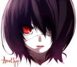  another bad_id bad_pixiv_id black_hair eyepatch female looking_at_viewer misaki_mei parted_lips portrait red_eyes shimejinameko short_hair solo 