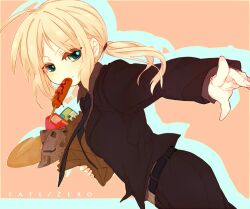  ahoge aqua_eyes ariue00728 artoria_pendragon_(fate) bad_id bad_pixiv_id blonde_hair blue_eyes bread corn_dog fate/zero fate_(series) female food formal long_hair mouth_hold pant_suit pants ponytail saber_(fate) solo suit 