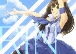  armpits brown_hair commentary_request dress female fishnet_pantyhose fishnets green_eyes idolmaster idolmaster_cinderella_girls long_hair never_say_never_(idolmaster) pantyhose plaid ribbon shibuya_rin shibuya_susano smile solo 