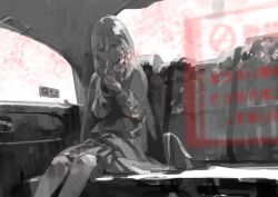  car car_interior cold commentary_request expressionless female hair_between_eyes long_sleeves monochrome motor_vehicle no_smoking original pomodorosa sitting skirt taxi 