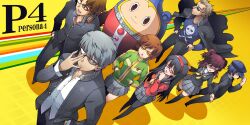  4boys 4girls amagi_yukiko black_hair blonde_hair brown_hair closed_eyes commentary_request glasses grey_hair hanamura_yousuke hands_in_pockets headphones kuma_(persona_4) kurogarasu long_hair multiple_boys multiple_girls narukami_yuu one_eye_closed pantyhose persona persona_4 photoshop_(medium) red_hair satonaka_chie school_uniform shirogane_naoto short_hair skirt smile tatsumi_kanji twintails 