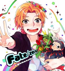  2boys bad_id bad_pixiv_id black_hair blue_eyes bouquet character_name chibi confetti copyright_name fate/zero fate_(series) flower gilles_de_rais_(caster)_(fate) grey_hair head_wreath logo male_focus mini_person miniboy multiple_boys orange_hair photoshop_(medium) senmen_kinuko uryuu_ryuunosuke v 