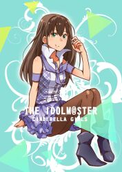  brown_hair commentary_request earrings female green_eyes high_heels idolmaster idolmaster_cinderella_girls jewelry long_hair pantyhose photoshop_(medium) ribbon shibuya_rin shoes sitting smile solo tamago_(yotsumi_works) 