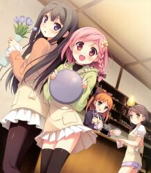  4girls :d absurdres apron ayase_sayuki black_hair black_legwear blue_eyes blush bow braid brown_eyes brown_hair coffee dutch_angle green_eyes hair_intakes hairband hairbow highres hirosaki_kanade hood hoodie kantoku long_hair looking_at_viewer looking_back minagawa_yuuhi multiple_girls open_mouth orange_hair pantyhose photoshop_(medium) pink_eyes pink_hair pleated_skirt ponytail puffy_sleeves side_braid skirt sleeves_past_wrists smile tray vase your_diary yua_(your_diary) 