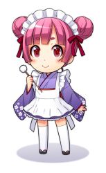  apron chibi commentary_request double_bun female ha-ru hair_bun japanese_clothes maid maid_headdress mimikaki original photoshop_(medium) pink_hair red_eyes sandals short_eyebrows solo thighhighs wa_maid 