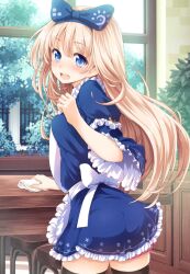  apron black_thighhighs blonde_hair blue_eyes bow bush chair commentary_request cupboard day female fence hairbow long_hair looking_back open_mouth original patterned skirt solo star_(symbol) table thigh_gap thighhighs thighs tokunou_shoutarou wide_sleeves window zettai_ryouiki 