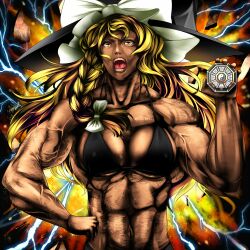  arm_up blonde_hair bow braid breasts cho_marisa commentary_request dark-skinned_female dark_skin female hairbow hat kirisame_marisa large_breasts long_hair manly mini-hakkero muscular muscular_female old_spice open_mouth parody side_braid solo terry_crews tongue touhou witch_hat yana_(nekoarashi) yellow_eyes 