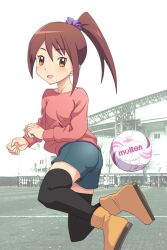  ball boots brown_eyes brown_hair commentary_request female ginga_e_kickoff!! grey_shorts meow_(nekodenki) molten_(company) photo_background ponytail shorts soccer soccer_ball solo takatoo_erika thighhighs 