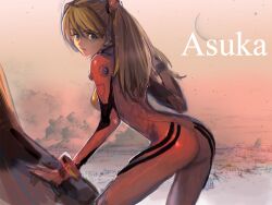  ass bad_id bad_pixiv_id blue_eyes bodysuit commentary female from_side hair_ornament interface_headset kuzuvine leaning long_hair looking_back neon_genesis_evangelion orange_hair photoshop_(medium) pilot_suit plugsuit red_bodysuit skin_tight solo souryuu_asuka_langley 