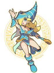  2d 2d_(artwork) big_breasts blonde_hair blue_eyes blue_outfit cape collar cornflowerblue cosplay cute dark_magician_girl_(cosplay) exposed_thighs female female_only hair_over_one_eye knee_boots konami looking_at_viewer magic_circle magical_staff mario_(series) nintendo princess_rosalina staff star_earrings super_mario_galaxy tagme witch_hat yu-gi-oh! 