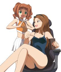  2girls a1_(initial-g) bare_shoulders bikini breasts brown_eyes brown_hair chair cleavage crossed_legs cup green_eyes hairband idolmaster idolmaster_(classic) legs medium_breasts midriff minase_iori multiple_girls navel one-piece_swimsuit open_mouth photoshop_(medium) pleated_skirt sitting skirt small_breasts smile swimsuit takatsuki_yayoi 