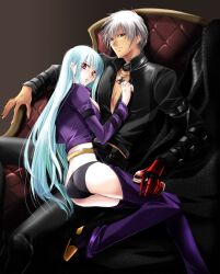  1boy ass black_panties blue_hair boots breasts can chair chaise_longue chaps coco_(eccentricrouge) commentary_request couple cross cross_necklace drink_can female gloves jewelry k&#039;_(kof) kula_diamond long_hair necklace open_clothes open_shirt panties photoshop_(medium) red_eyes shirt short_hair single_glove sitting sitting_on_person small_breasts soda_can straight the_king_of_fighters underwear very_long_hair white_hair 