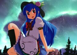  aurora blue_hair blush boots bow commentary_request dress female food fruit gigokku hat hinanawi_tenshi long_hair night night_sky open_mouth peach red_eyes rock sitting sky smile solo star_(symbol) touhou tree 