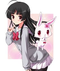  ahoge black_hair blush bow bowtie cardigan chisato_(missing_park) commentary_request female finger_to_face flower hair_flower hair_ornament hime_cut jewelpet_(series) jewelpet_sunshine leaning_forward light_smile long_hair mizushiro_kanon pantyhose pleated_skirt purple_eyes red_eyes ruby_(jewelpet) school_uniform serafuku skirt 