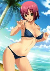  :p absurdres beach bikini bikini_pull breasts cloud green_eyes highres koutaro leaning_forward navel palm_tree red_hair rio_rollins short_hair smile solo super_blackjack swimsuit tan tanline tongue tongue_out tree underboob 