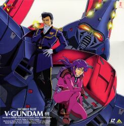  1990s_(style) 1boy bodysuit box_art cover female fuala_griffon gundam highres katoki_hajime mecha military_uniform mobile_suit official_art pink_bodysuit promotional_art retro_artstyle robot scan science_fiction tassilo_vago traditional_media uniform victory_gundam zanneck zanscare 