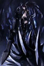  armor belt black_hair black_rock_shooter black_shorts boots chains commentary_request dual_wielding female flaming_eye greaves highres holding huge_weapon insane_black_rock_shooter long_hair midriff navel oyu_udon photoshop_(medium) purple_eyes shorts solo thighhighs twintails uneven_twintails weapon 