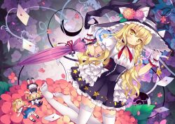  alice_margatroid blonde_hair braid breasts character_doll cleavage closed_umbrella commentary_request embellished_costume female flower gloves hat hydrangea kirisame_marisa kneeling letter long_hair love_letter rie_(reverie) single_braid small_breasts solo touhou umbrella very_long_hair white_gloves witch_hat 