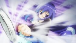  acchi_kocchi ahoge air_hockey anime_screenshot blue_eyes blue_hair female long_hair miniwa_tsumiki motion_blur scarf skirt 