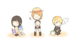  2girls 3boys bika_kawasaki black_hair black_pants blonde_hair blue_hair book chibi formal franky green_hair hair_over_one_eye hat heart hug monkey_d_luffy multiple_boys multiple_girls nami nami_(one_piece) necktie nico_robin one_piece open_mouth orange_hair pants pixiv_thumbnail reading resized roronoa_zoro sanji scar smoke straw_hat stuffed_toy suit sunglasses tattoo vest 