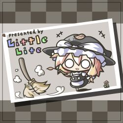  aoblue blonde_hair broom chibi commentary_request female hat kirisame_marisa leaf leaf_on_head o_o solo touhou witch_hat 