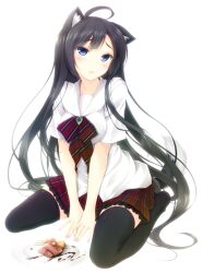  ahoge animal_ears black_hair black_thighhighs blue_eyes blush cake commentary_request female food hazuki_miyuri leaning_forward long_hair luna_lia official_art plaid plaid_skirt plate shirona-san_oishiku_itadaichaimasu simple_background sitting skirt solo tail thighhighs v_arms very_long_hair wariza white_background zettai_ryouiki 