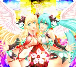  2girls aqua_hair ass baunzel blonde_hair breasts cleavage commentary_request green_eyes hatsune_miku highres hoshii_miki idolmaster idolmaster_(classic) leaning_forward long_hair medium_breasts midriff multiple_girls navel open_mouth smile swimsuit symmetrical_hand_pose symmetry twintails very_long_hair vocaloid wings 