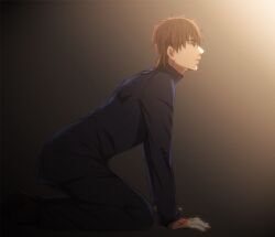  1boy afjc brown_eyes brown_hair command_spell commentary_request fate/zero fate_(series) kneeling kotomine_kirei male_focus photoshop_(medium) praying solo 