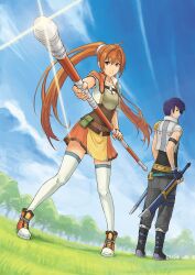  1boy belt black_hair bo_staff boots brown_eyes brown_hair cloud commentary_request cropped_jacket day eiyuu_densetsu estelle_bright female fingerless_gloves foreshortening full_body gloves grass hair_intakes haoni joshua_bright long_hair orange_skirt pants photoshop_(medium) scabbard sheath shoes skirt sky smile sora_no_kiseki staff thighhighs tree twintails white_legwear zettai_ryouiki 