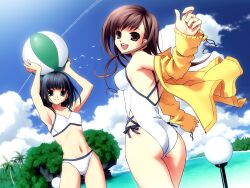  2girls absurdres ass ball beachball bikini casual_one-piece_swimsuit highres hiroyama_hiroshi island jacket maria-sama_ga_miteru multiple_girls nijou_noriko one-piece_swimsuit outdoors swimsuit toudou_shimako water 