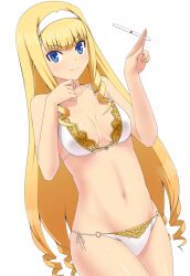  bikini blonde_hair blue_eyes commentary_request dream_c_club dream_c_club_(series) dream_c_club_zero drill_hair female hairband haruka_(dream_c_club) holding_tenbou long_hair mahjong navel photoshop_(medium) shougi_(116) side-tie_bikini_bottom solo swimsuit tenbou 