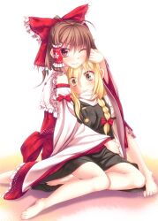  2girls ;) bad_id bad_pixiv_id bare_shoulders barefoot blonde_hair blush braid brown_hair commentary_request detached_sleeves hair_tubes hakurei_reimu highres hug hug_from_behind ina_(inadahime) kirisame_marisa multiple_girls no_headwear one_eye_closed red_eyes single_braid sitting smile touhou yellow_eyes yokozuwari yuri 