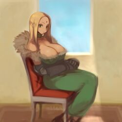  blonde_hair breasts chair choker cleavage commentary_request dress female fur gauntlets green_dress green_eyes huge_breasts kelma_wordein long_hair sitting solo summon_night summon_night_2 zarusobababa 