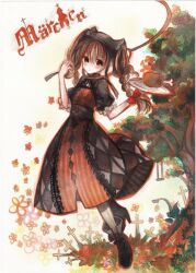  bad_id bad_pixiv_id bow braid brown_eyes brown_hair buranko_(marchen) colored_pencil_(medium) copyright_name cyawa dress female food german_text hairbow holding long_hair maerchen_(sound_horizon) meat pastel_(medium) plate solo sound_horizon traditional_media translated tree twin_braids 