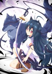  animal_ears ayakashi_(monkeypanch) bad_id bad_pixiv_id black_hair boots eyepatch female headband highres kneeling long_hair original red_eyes scabbard sheath skirt solo sword tail weapon wolf wolf_ears wolf_tail 