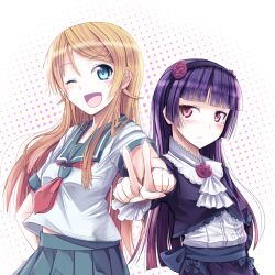  2girls aoi_usagi_(marinebluerabbit) blonde_hair blue_eyes commentary_request gokou_ruri gothic_lolita kousaka_kirino kousaka_kirino&#039;s_school_uniform lolita_fashion long_hair mole mole_under_eye multiple_girls oerba_yun_fang one_eye_closed ore_no_imouto_ga_konna_ni_kawaii_wake_ga_nai photoshop_(medium) purple_hair red_eyes school_uniform serafuku 