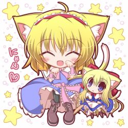  ahoge alice_margatroid animal_ears apron blonde_hair blue_dress blue_eyes blush bow capelet cat_ears cat_tail cat_teaser chibi closed_eyes commentary_request dress female hairband hairbow kemonomimi_mode komakoma_(magicaltale) long_hair matching_shanghai nyan open_mouth paw_pose sash shanghai_doll short_hair smile solo star_(symbol) tail touhou waist_apron wrist_cuffs 