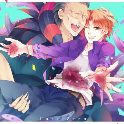  2boys aqua_background black_eyes blood bracelet commentary_request copyright_name fate/zero fate_(series) gilles_de_rais_(caster)_(fate) grey_hair injury jacket jewelry male_focus multiple_boys orange_hair photoshop_(medium) purple_jacket reika_(iamreika) spoilers 