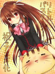  :3 =_= announcement_celebration bad_id bad_pixiv_id bell blush bow brown_hair doruji feline female hair_bell hair_ornament little_busters! little_busters!_school_uniform long_hair natsu_natsuna natsume_rin pink_bow plaid plaid_skirt ponytail red_eyes riding school_uniform skirt 